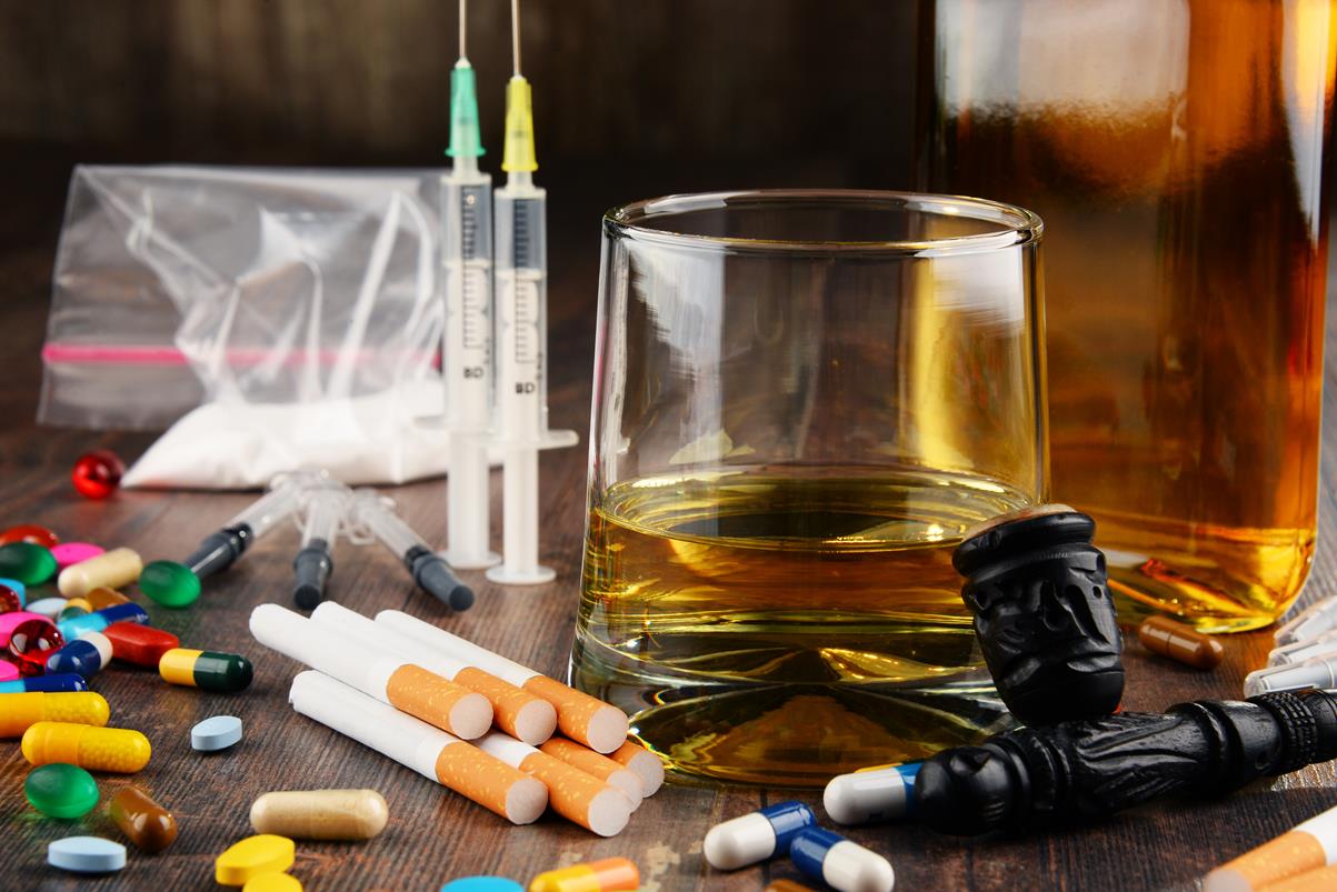 Prescription pills, syringes, cigarettes, achohol