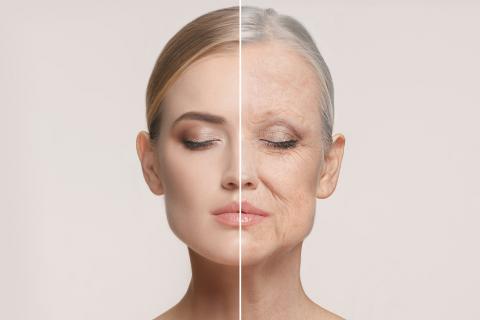 Photo of a woman's face, split down the middle with one side young and one side old.